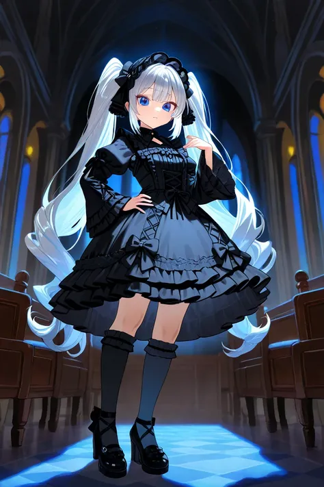 Maid。underwear。twin tails。 Silver Hair。 Lolita。 gothic。 gothic衣装。high knee socks。 high heels。。 blue eyes。