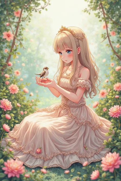 Pretty anime girl in a dress sitting on a flower bed has a bird perched on her hands