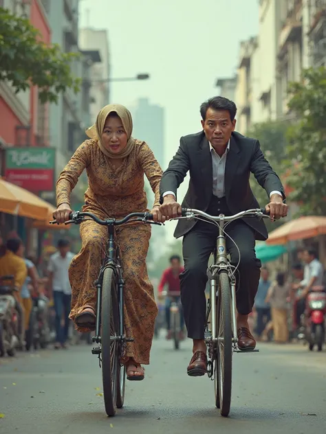 Image of Indonesian married couple expressing Panic again riding bicycles in pursuit of a gallant debt collector wearing a background suit on the street 