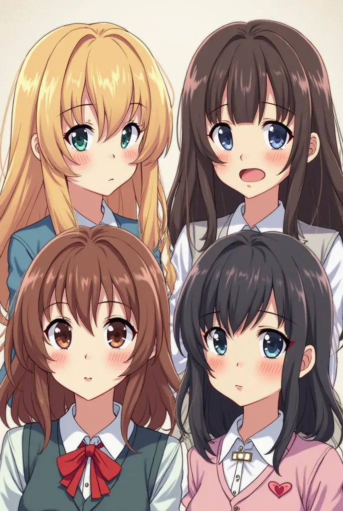 Make one with blond hair bangs and fair skin and tsundere, Then make one with wavy hair that is almost curly with fair and fluffy skin that likes strawberries, then one with progressive straight and dark brown hair with light but half tanned and stylish sk...