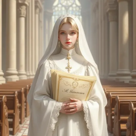 Beautiful 19 year old nun, standing in a church. She is tightly squeezing her large fancy ordination certificate against her body, crumpling the certificate