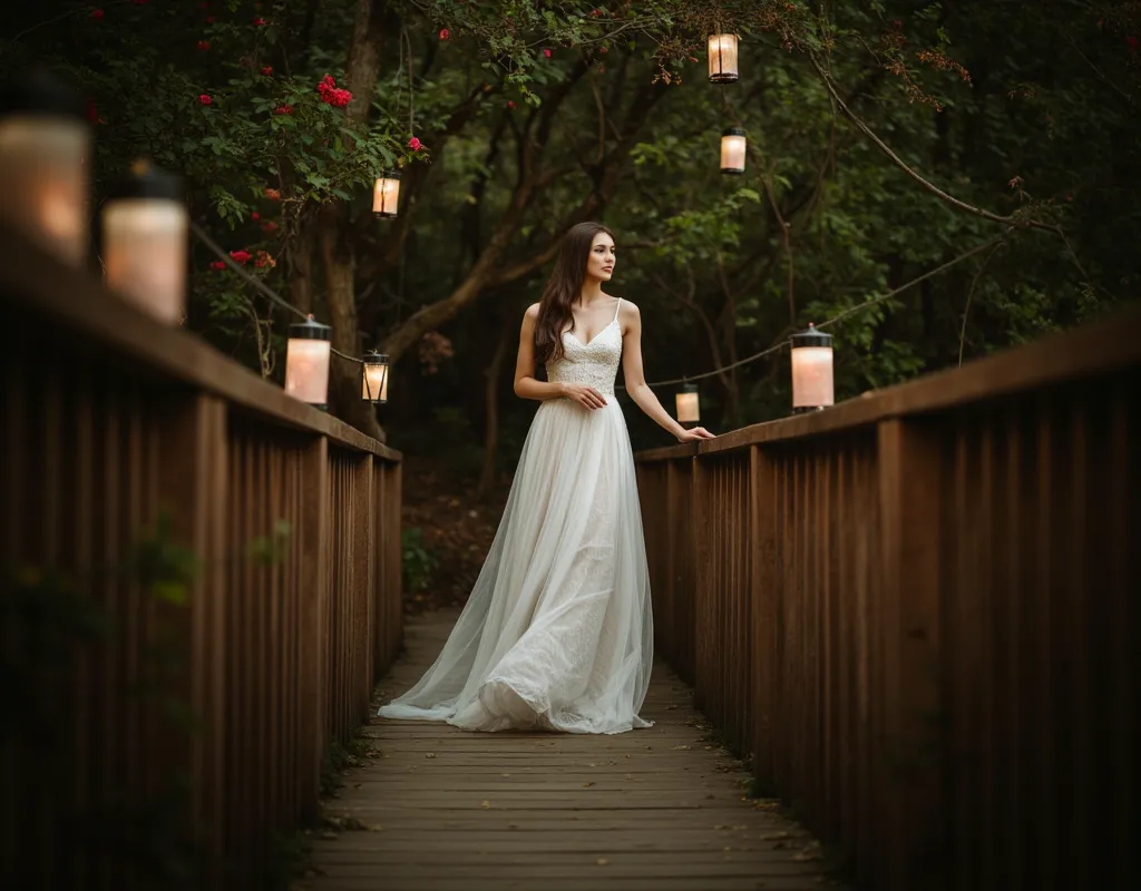 A hyper-realistic professional photograph of a young woman standing gracefully on a wooden bridge in a lush, green forest. She wears a flowing white dress with thin straps and delicate ruffles on the bust, creating a romantic and ethereal appearance. The f...