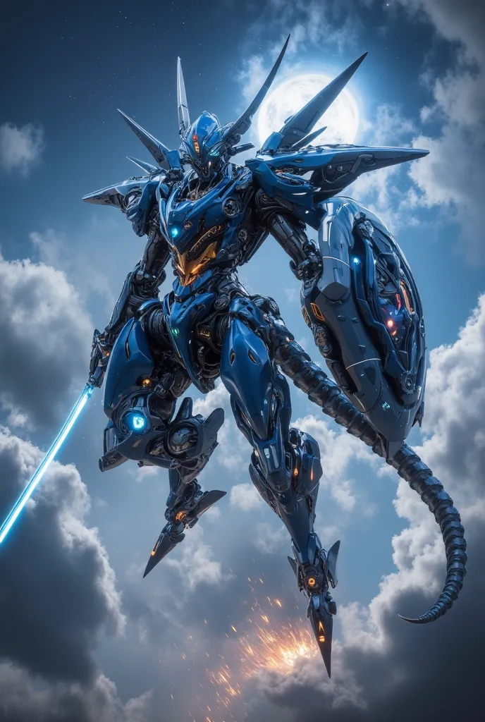  (  fantasy   )(    Steampunk Night War  、  The blue Leviathan type machine night robot has a shield and sword、 scene where they jump high in the sky and slash   )(Sparks of the Great War fly 、Wind pressure )(  Beautiful Blue Sky  )(  front-line configurat...