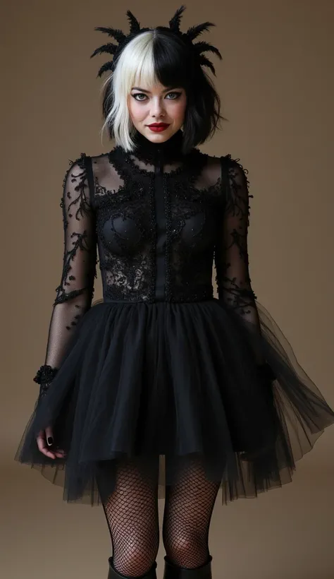 Head to toe picture of emma stone.short,curly hair.half of her hair is black and another half is white. wearing black halloween clothes and mini skirt.high heel boots .red lipstick.black eyeline.fishnet pantyhose with very large holes.
