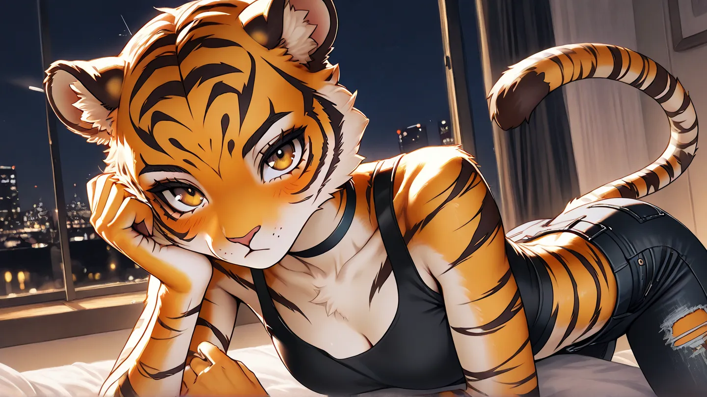 1Girl, Tiger Ears, Tiger Head, Anthro Tiger Girl, Furry, Bald Girl, No Hair, Bright Brown Eyes, Dark Brown Eye Shadow, Medium Chest, Black Crop-Top, Black Ripped Jeans, Black Choker, Looking At Viewer, Bored, Glint, Sassy Pose, Solo, Close Up View, Bedroom...