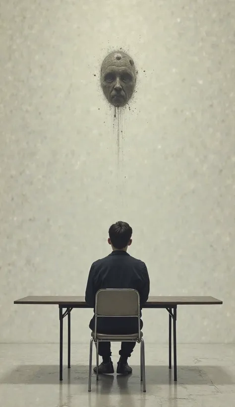 "an empty-faced young man sitting on a metal chair, looking at an object on a table, as the object slowly levitates under your mental control."