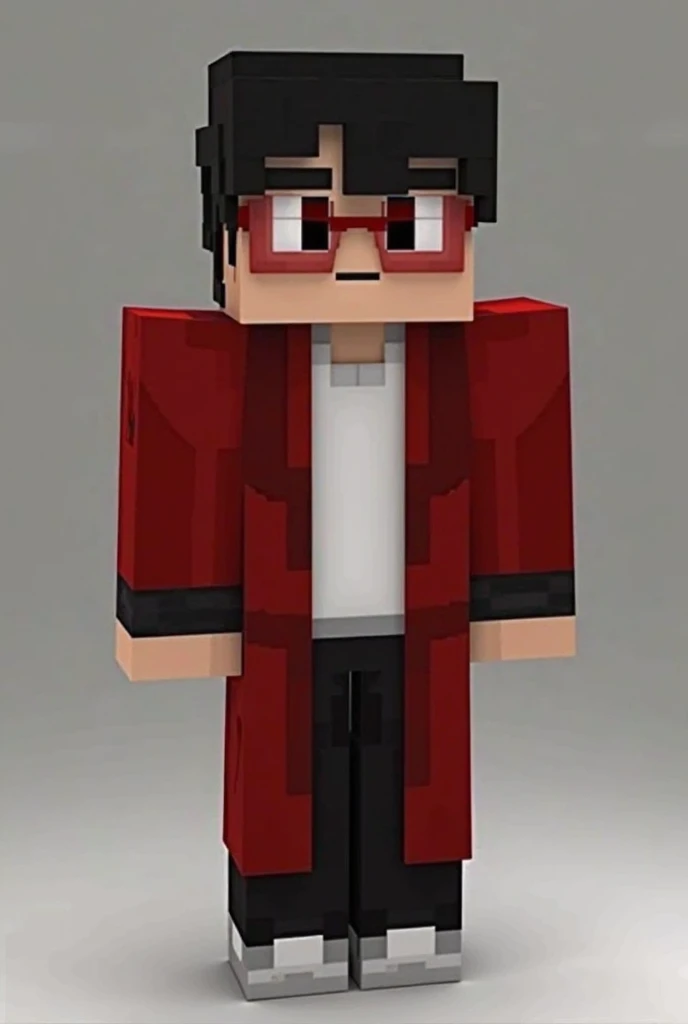 You can make a skin in a format in which I can install it in the game, according to these parameters Minecraft skin that I will install in the game,  dark hair, a red black robe like a scientist, dark eyes, thin red glasses, you can hardly see, under my ro...