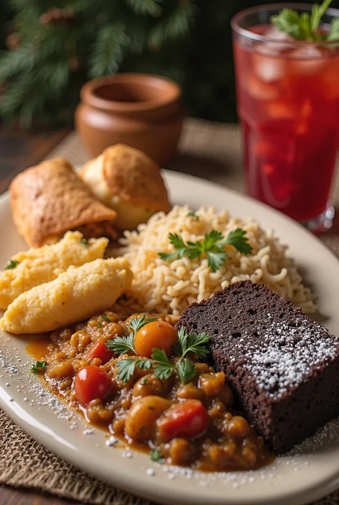 An menu with the appetizer samosas and the main course roti and curry and the dessert black cake and the beverage sorrel drink in an guyanaese way