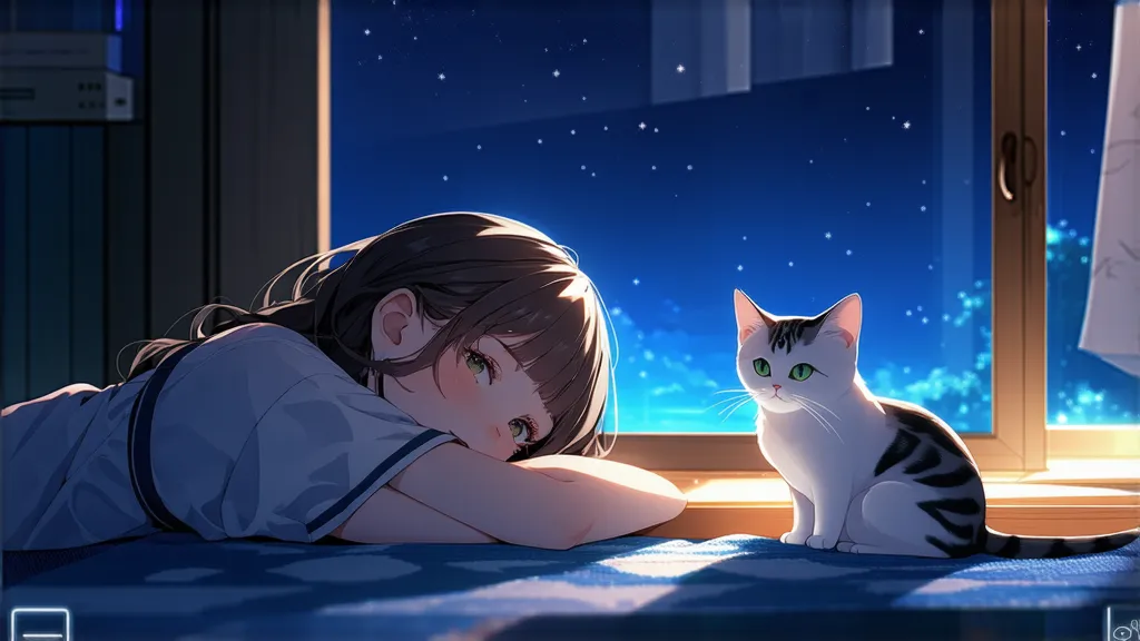 Girl and cat relaxing in a room with a night view