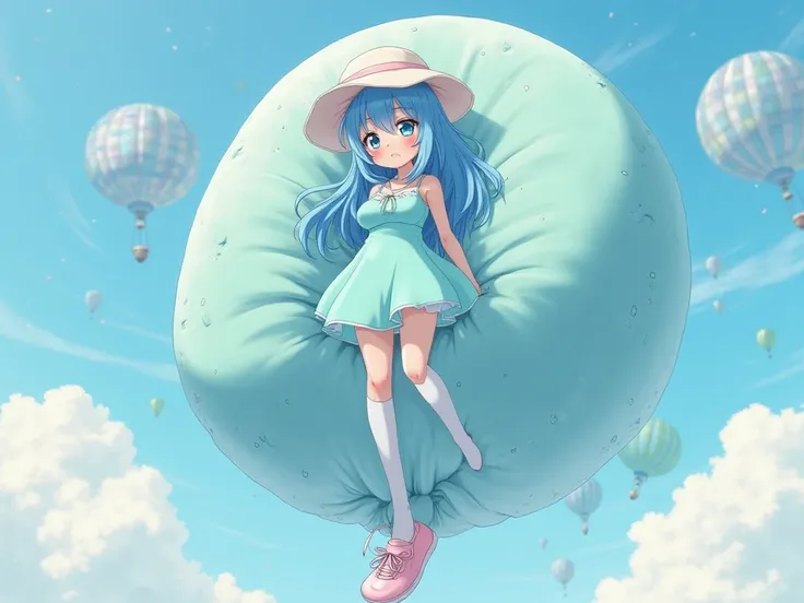 Anime girl. Her body has been inflated into a near perfect sphere, with dimples in her massive, taut body where her hands and feet would be. Her face is just barely poking out of a dimple in her body. Her breasts are quite large and the size of hot air bal...