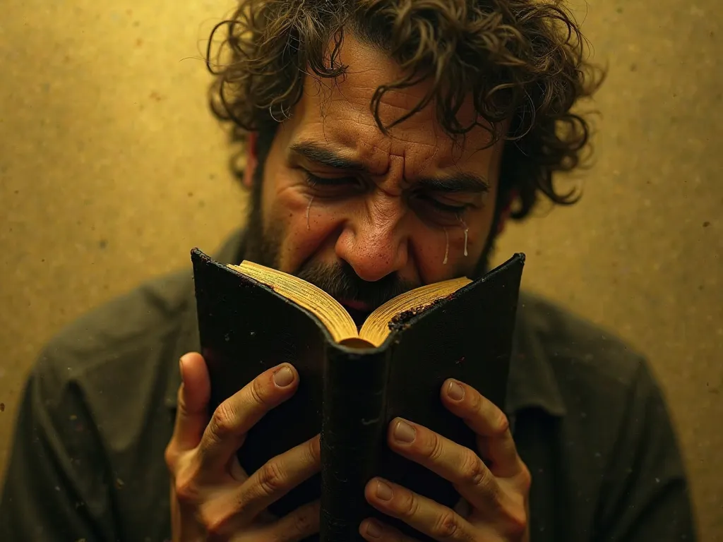 Man crying a lot biting the bible or a black book, Yellow environment in the background 