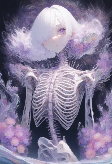 masterpiece, best quality, very aesthetic, absurdres, newest, abstract, 1girl, solo, white hair, hair over one eye, abstract, purple eyes, looking at viewer, ribs, parted lips, spine,water,lave,fire,flowers,food
