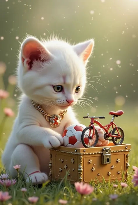 a white kitten with rose quartz and silver jewelry on her head sitting on a green meadow with flowers looking fondly into the rectangular gold chest with a lid carved with stars, The box is half open and inside there is a small soccer ball and a small bicy...