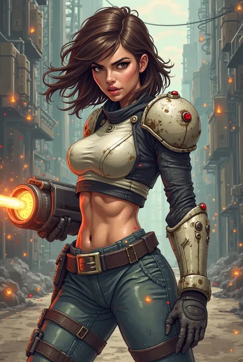 The pixel art style. Generate a brunette bomber girl with light armor and a bomb in her hand