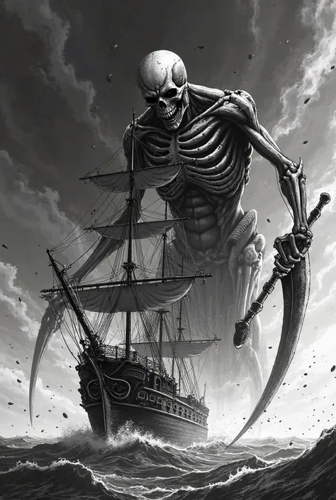 ship of delos with a giant death floating in the sky with a scythe in his hands,  manga style, black and white