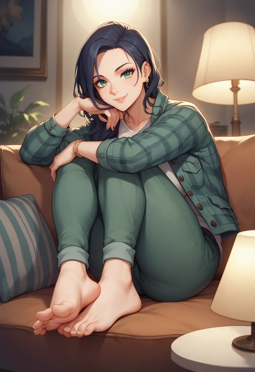 A Woman is sitting on a couch in a cozy, well-lit room with a lamp and neutral-colored walls in the background. They are wearing green pants and a plaid jacket, with their bare feet prominently positioned on a dark table, facing the camera. The person has ...