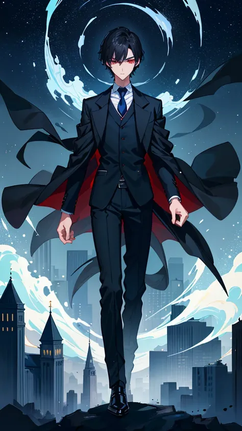 A tall, handsome male student with wavy short black hair and thin, slender eyes。dark blue collared high padded collared school uniform with black cloak。 dark blue slacks 。Little red eyes。A completely dark city of buildings at midnight。starry sky。Bust。