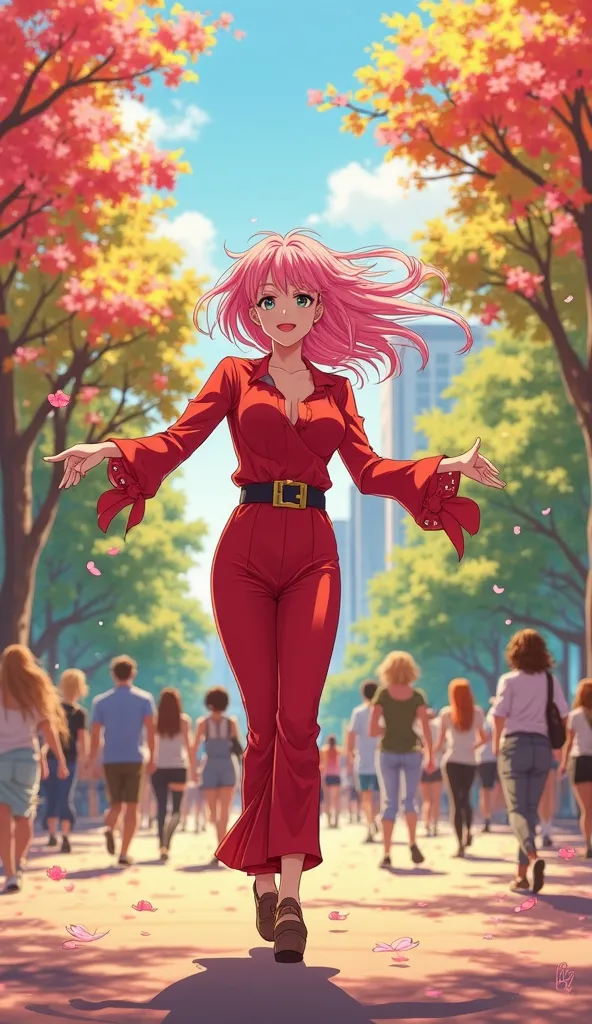 "Create an illustration of Haruno Sakura from the original anime, dancing to K-pop with intricate details. She has her signature pink hair and is wearing a vibrant red outfit. The scene is set in the middle of a city park surrounded by trees and blooming f...