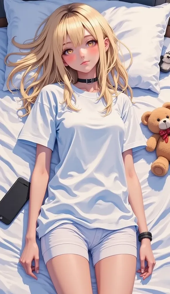 Top view of anime girl  blonde, lying on a bed semitransparent white t-shirt, breeches white semitransparent, show shoulders, show abdomen, show legs, the her left side a teddy bear and the her right side her cellphone, contrast of light and dark colors, (...