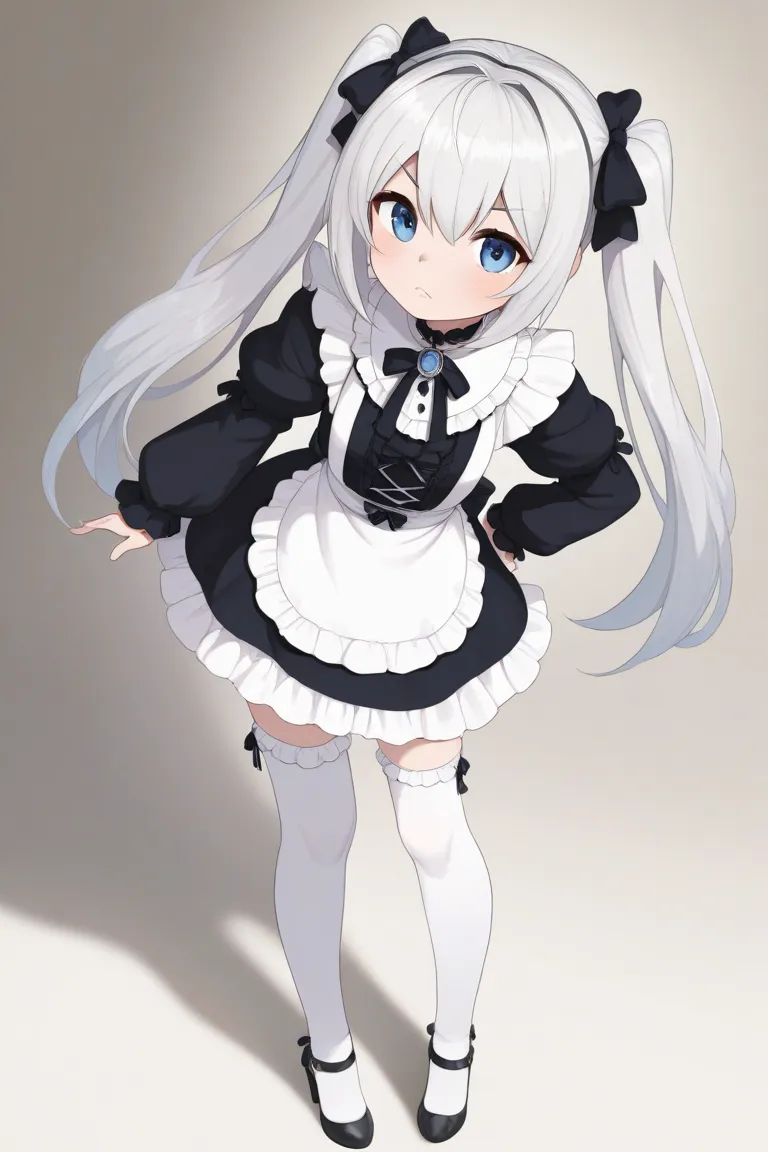 Maid。underwear。twin tails。 Silver Hair。 Lolita。 gothic。 gothic衣装。high knee socks。 high heels。。 blue eyes。