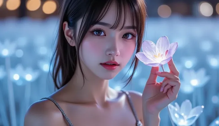 A close-up view of a beautiful and sexy Vietnamese woman, from her feet to her chest, standing in a field of icy glass flowers. Her figure is accentuated by a sleek, shimmering dress. She gently touches a glass flower, which glows with memories: smiles, ga...