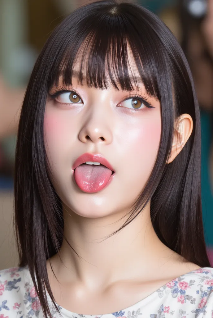  Haerin from newjeans,  young kpop female idol, makeup, purple eye shadow,  tongue out,  High resolution photo, intricate details in wet water, Alone,    1 girl,    focus on face,    face up,    looking at the camera,   Detailed Color,    detailed eyes, de...