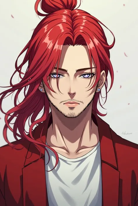 Make a red-haired man with a bun and medium beard and totally white eyes and no pupil wearing a white t-shirt and a basic red overcoat.  anime style  