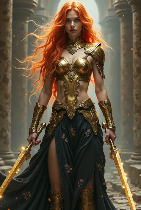 A goddess with blood red hair wearing golden armor with slightly flora patterns that doesn’t cover stomach, with no cleavage showing and a long black skirt with slightly floral decor, holding two scimitars