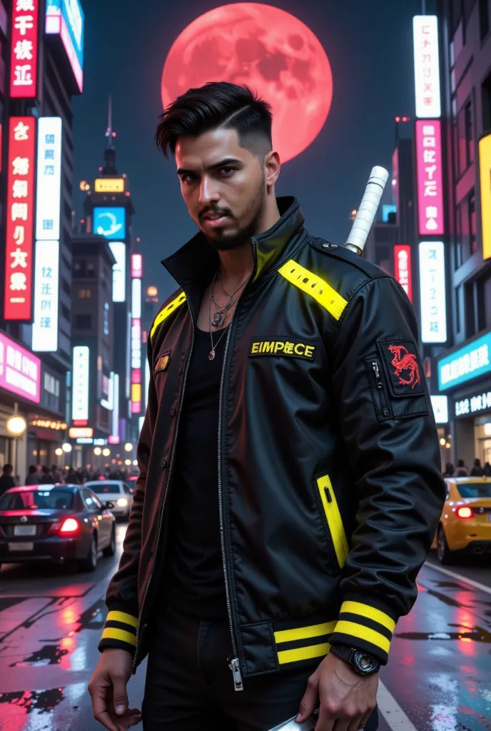 Character wearing a black and yellow cyberpunk themed Neon jacket standing in a futuristic night city, the jacket also has small yellow lights on it. Character has a cyberpunk themed black hair with taper fade and undercut. Character also has a nice full b...