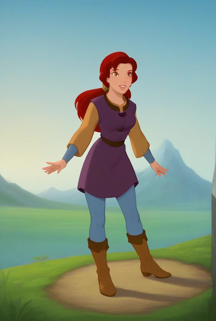 Red hair long hair pink lip 1girl solo brown eyes red tunic long puffy sleeves blue leggings goldenrod boots 