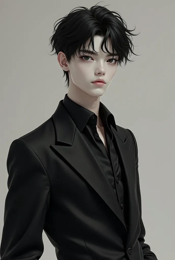 Create a boy of approximately 19 years old,  very white skin,  precious eyes,  black and disheveled hair , stocky body,  in a black suit. 