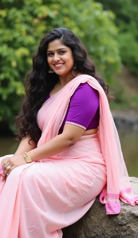 A beautiful young  malayali house wife, chubby cheeks, curvy, wearing light pink designer saree and a violet cotton blouse, long curly  thick black hairs, sitting on a rock near aathirapilly water falls in kerala, ,outdoor photoshoot poses, scenic water fa...