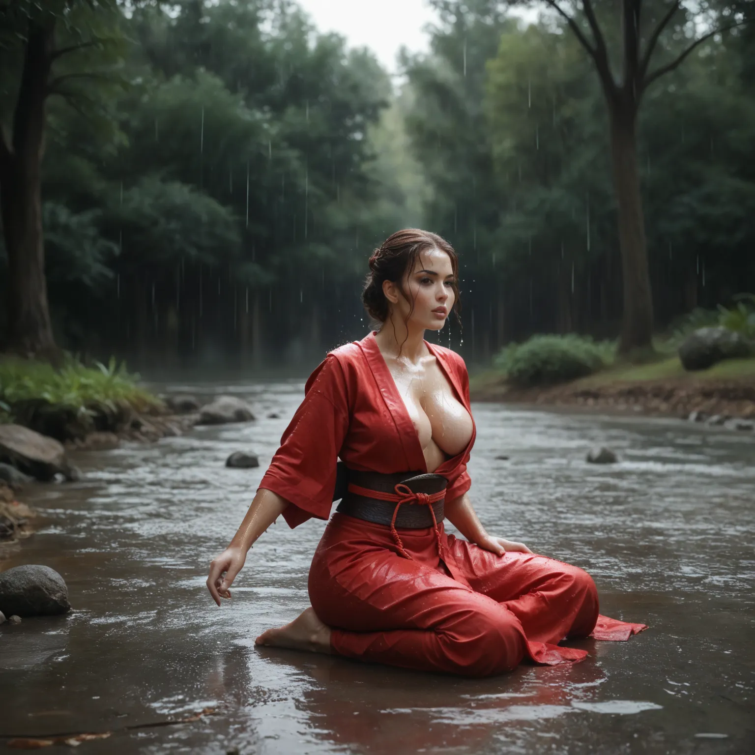 A woman, large breast size 4, in traditional red and black samurai armor, open chest, sits in a meditative position inside a wooden structure with large windows. The rain falls outside, running down the windows, and puddles form on the wooden floor around ...