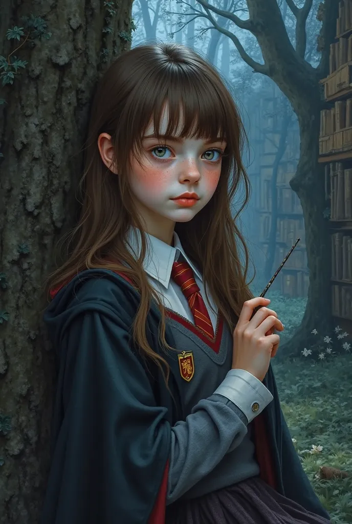 The image portrays an 18-year-old English girl with a youthful and enigmatic appearance, sitting in a dark area of the Hogwarts library.  Her long brown hair , smooth and frayed ,  falls softly on her shoulders , with a fringe that frames her face and lock...