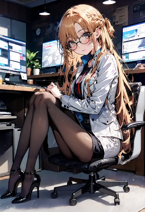 score_9, score_8_up, score_7_up, source_anime, Asuna Yuki , long hair, Hair,brown eyes, bangs,Medium breast,,half updo, suit, pencil skirt, jacket, shirt,black pantyhose,Stiletto Heels,Glasses, sitting on a chair with legs crossed, Interior , comput...