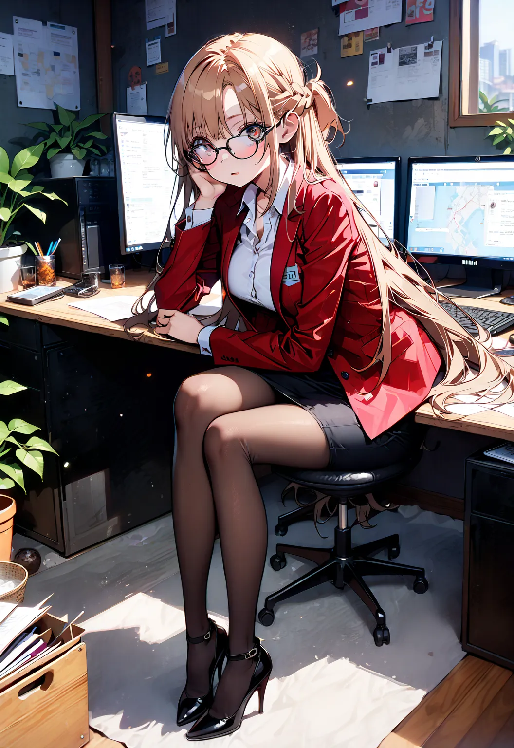  score_9,  score_8_up,  score_7_up,  source_anime, Asuna Yuki ,  long hair, Hair,brown eyes, bangs,Medium breast,,half updo, suit, pencil skirt,  jacket,  shirt,black pantyhose,Stiletto Heels,Glasses, sitting on a chair with legs crossed, Interior , comput...