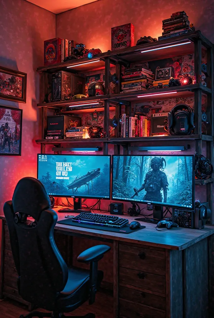 A bookcase decorated with LED games, headphones, games and a gamer computer with photos of The Last of Us.