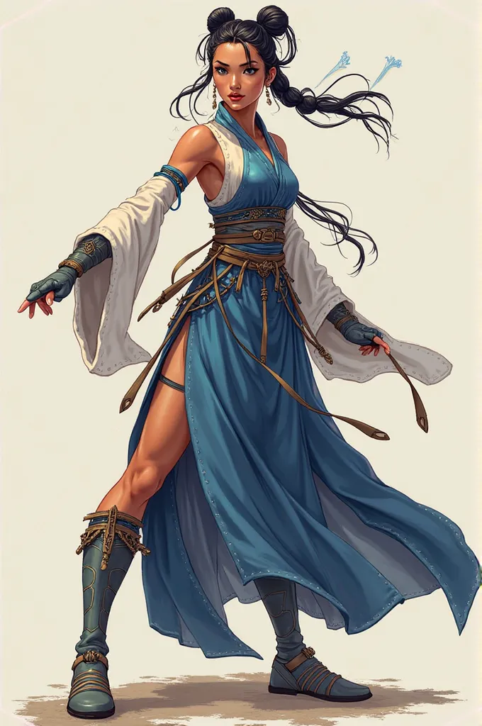 Create an image that combines the characteristics of two iconic characters: Chun-Li from Street Fighter and Ahsoka Tano from Star Wars. The design should feature elements such as Chun-Li's traditional blue qipao and distinctive hair buns blended seamlessly...