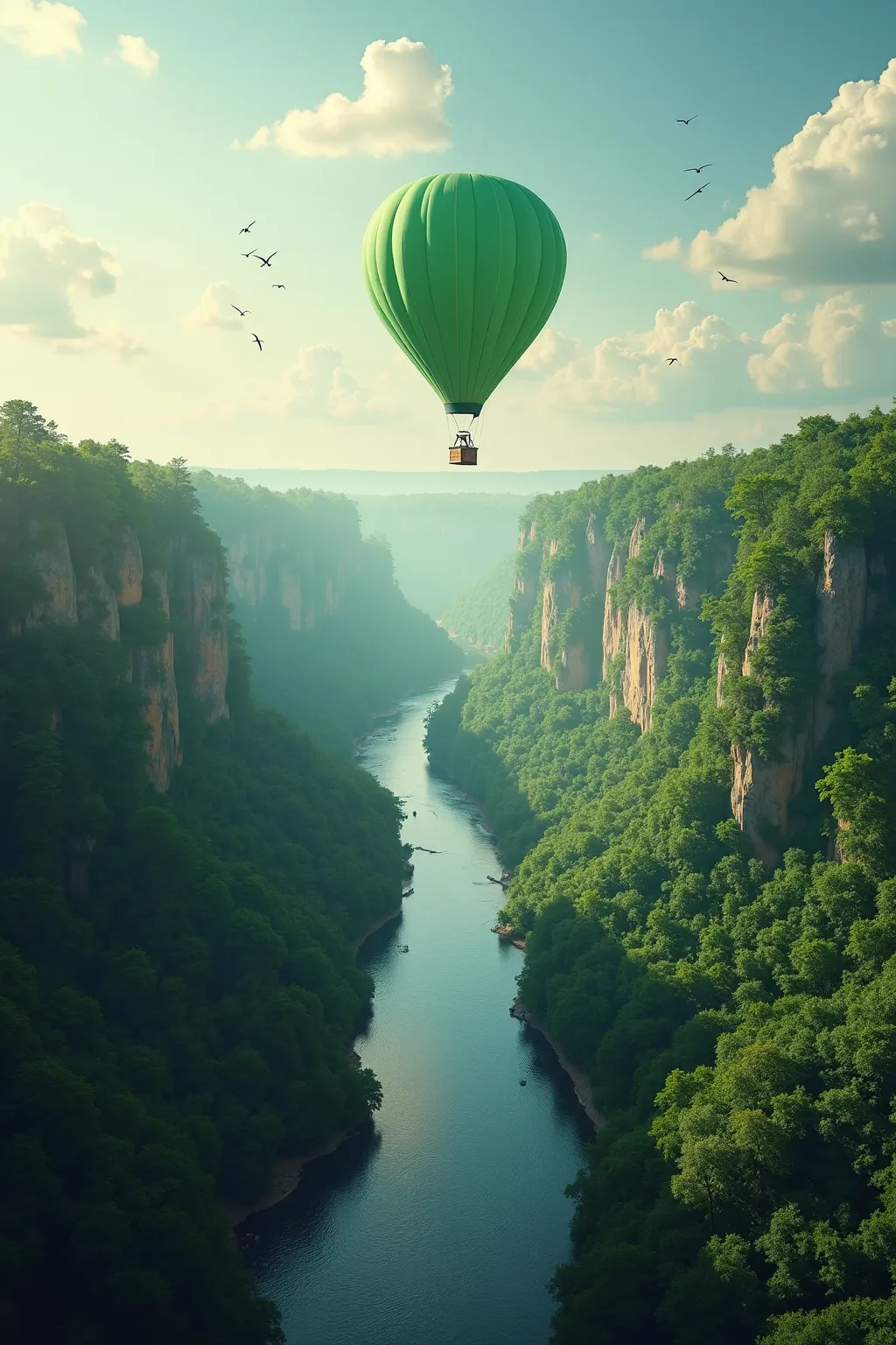 High angle shot, down on 1 solo small green balloon floating passing over above the top of a majestic river, with vast lush large forest seen in every direction, show only 1 green balloon,  a large gorge can be seen up in the distance, with sun and scatter...