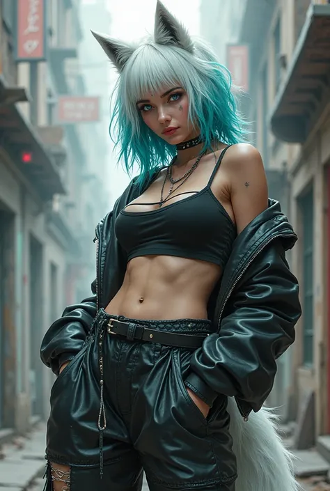 white wolf female with cyan colored hair punk style, with big boobs and thick thighs and butt, baggy clothes chilling