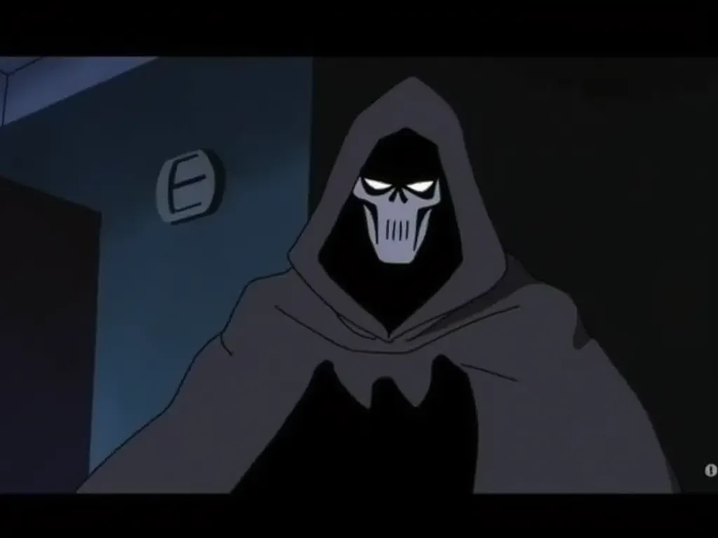 A 1993 animation screengrab of Andrea Beaumont as the Phantasm, wearing a hooded charcoal-gray costume with a metallic skull-like mask and flowing cloak. Cel-shaded with sharp black outlines, muted noir palette (slate grays, inky blacks, accents), and dram...