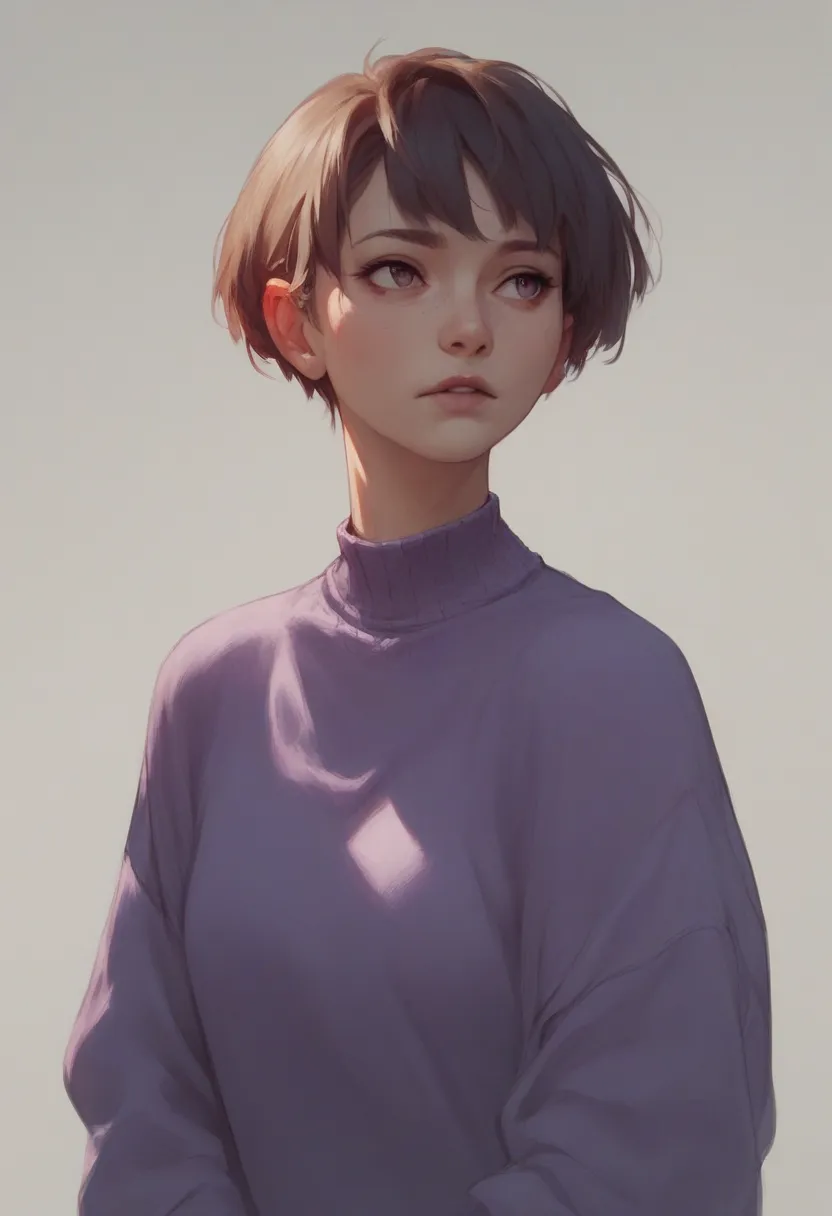 Girl ,short hair, purple sweater, upper body ,simple drawing