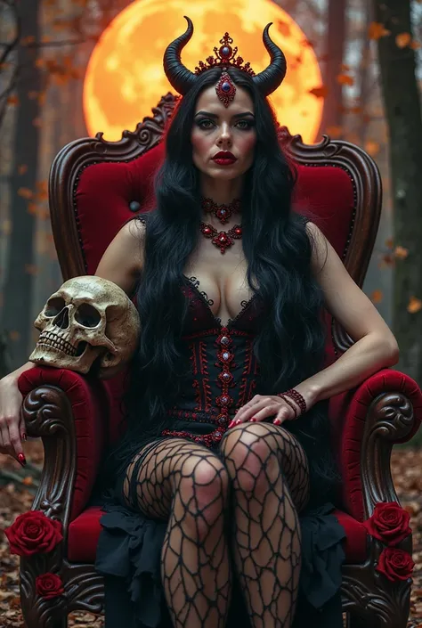 Black girl,long black hair，Black queen and red jewels，accessories，Skull in hand，queen of hell，red lipstick, in a forest full moon, background fire, red fishnet stockings, red rose tattoos, sitting on throne