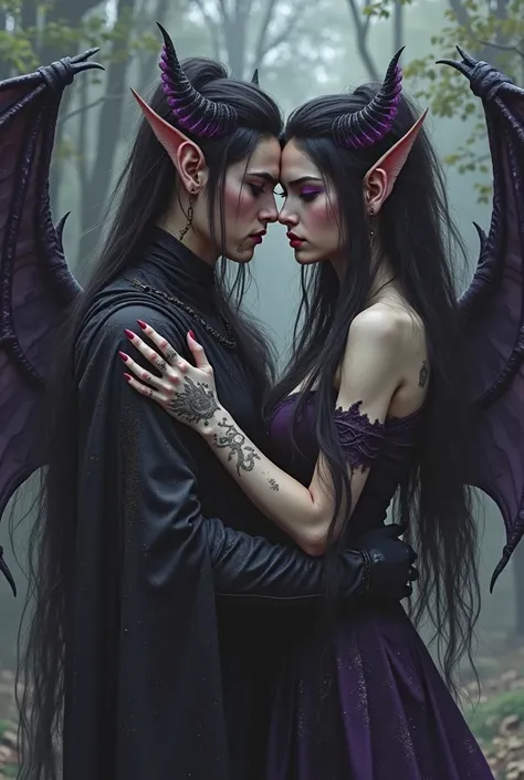 They would be two elves, a man and a black-haired woman,  purple eyes, both are twins. They are currently undergoing a transformation to become half demons and their hands are blackened, Small ciphers began to appear and demonic wings grow
Both are side by...