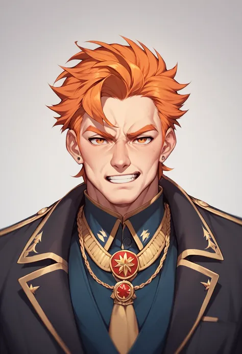 Create an anime style image, with an older man; Orange hair half black. Looking like a rough man, stark.