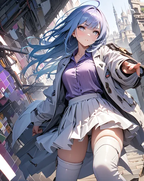 (((8k wallpaper of extremely detailed CG unit:1.2, ​masterpiece, high resolution:1.2, top-quality:1.2,))), ((a very beautiful female, Grunge Fashion, dynamic serious pose:1.2, wear a white Jacket, wear a purple white stripes formal shirt, wearing short whi...