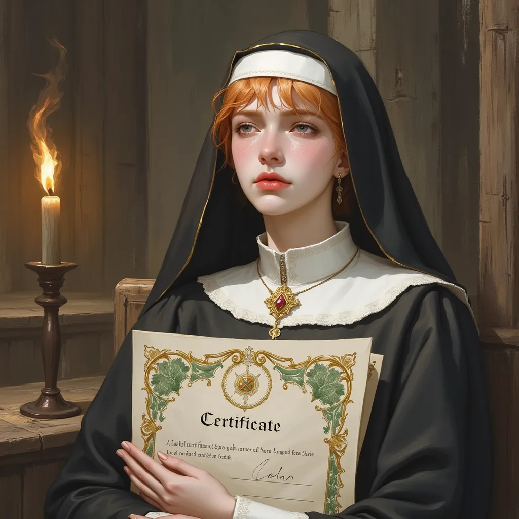 Beautiful 21 year old English nun, crying, red hair, sitting in heavy wooden chair in a torch lit dungeon. She is tightly squeezing her large fancy modern religious certificate with green and gold details against her body, crumpling the certificate