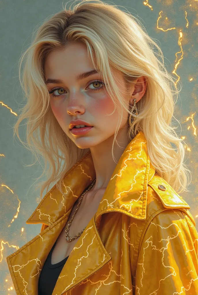 A blonde haired honey-eyed girl wearing a yellow jacket with lightning and lightning patterns quite opposing at the age of 20 