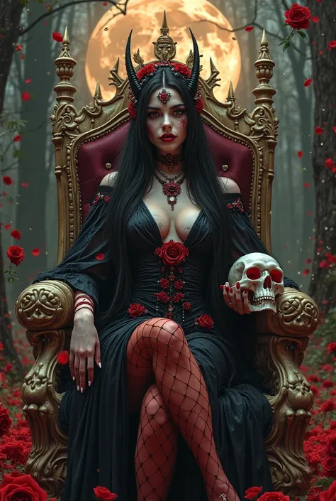 Black girl,long black hair，Black queen and red jewels，accessories，Skull in hand，queen of hell，red lipstick, In a forest full moon, background fire, red fishnet stockings, red rose tattoos, Sitting on a throne made entirely of human bones 