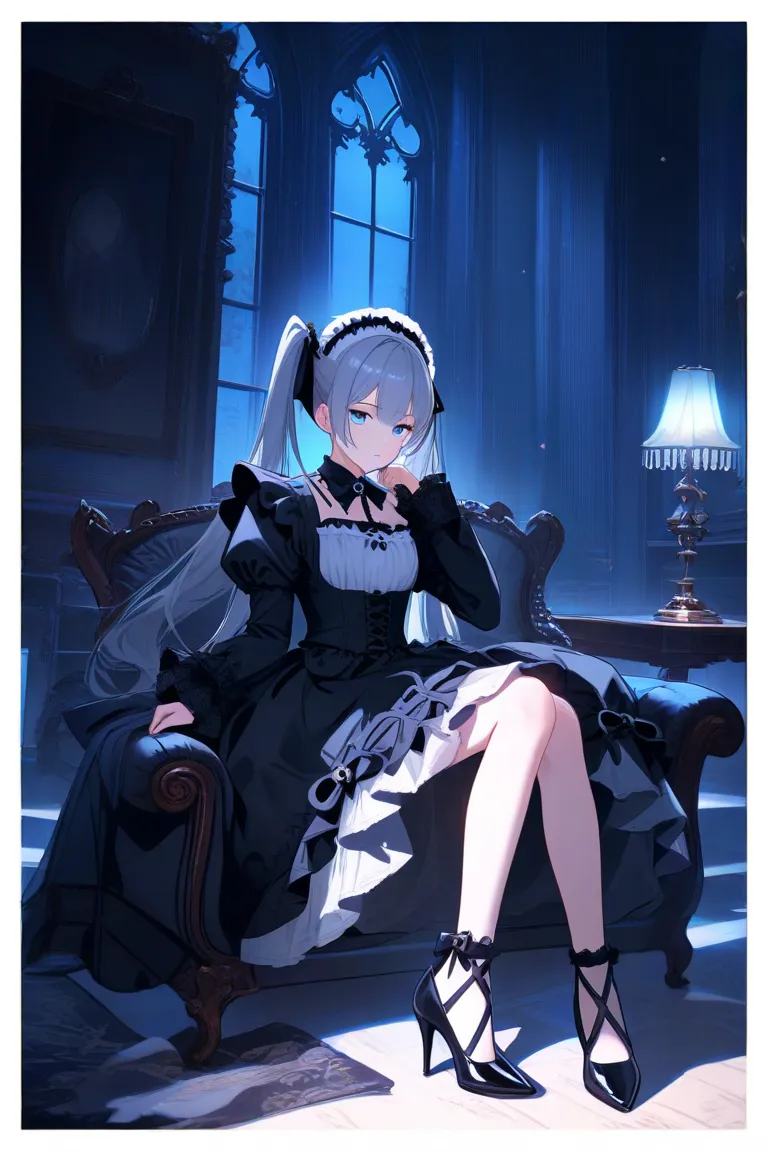 Maid。underwear。twin tails。 Silver Hair。 Lolita。 gothic。 gothic衣装。high knee socks。 high heels。。 blue eyes。